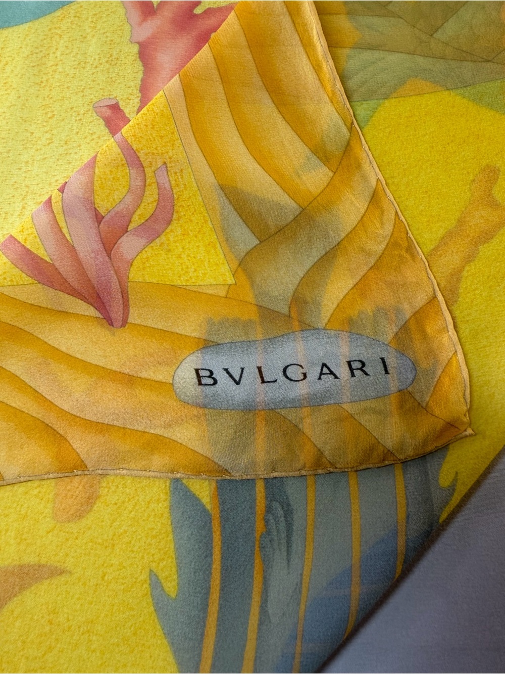 Vintage BVLGARI Mare Allegro Pizzigoni Silk Scarf Fish Yellow
